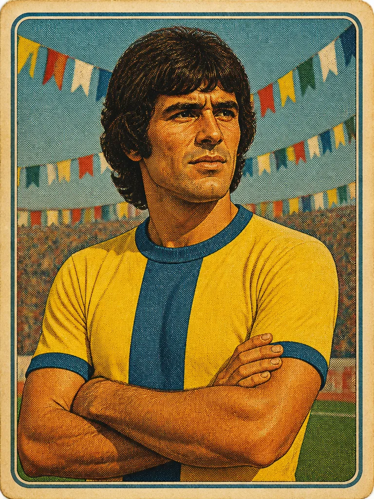 Illustration i retrotryckstil av en landslagsspelare i gult och blått med en boll under armen