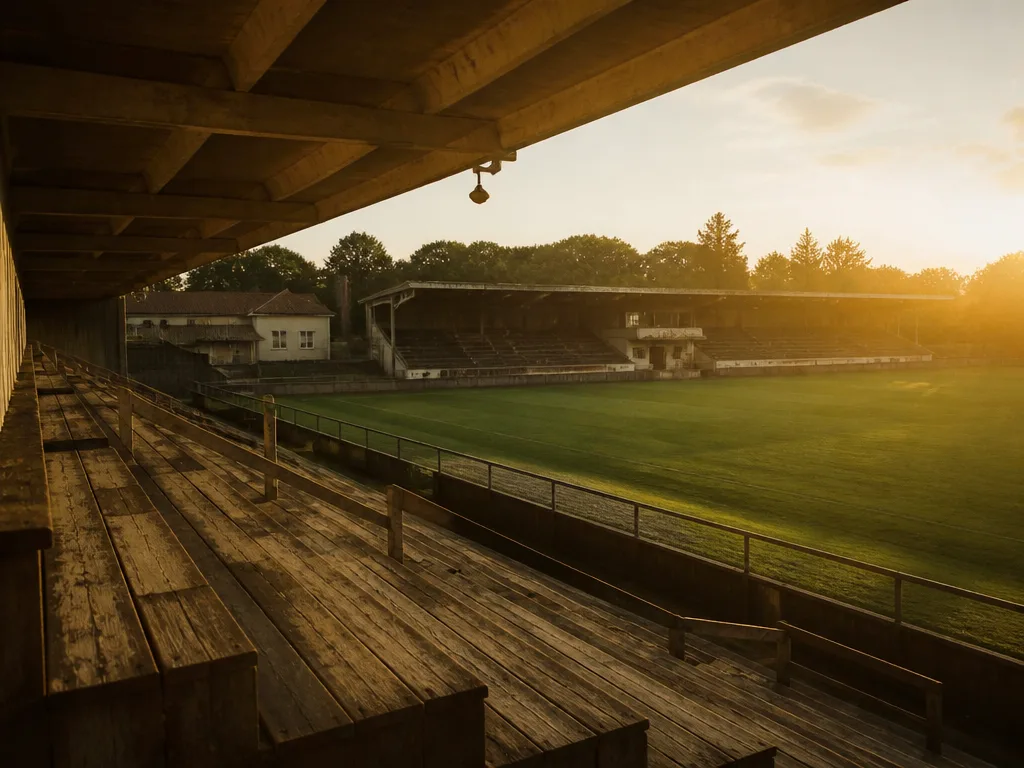 Tomma trästånd på en gammal svensk fotbollsarena i varmt kvällsljus